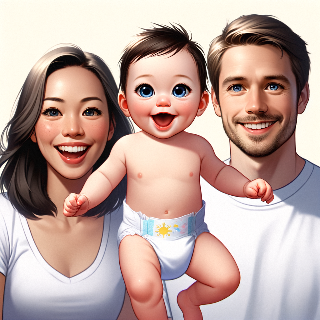 Create a baby in diapers which is a mic of a filipino and a swedish. It shall have one blue eye and one dark brown. It is running between it's parents, a filipino woman and a swedish man. Create a baby in diapers which is a mic of a filipino and a swedish. It shall have one blue eye and one dark brown. It is running between it's parents, a filipino woman and a swedish man.
