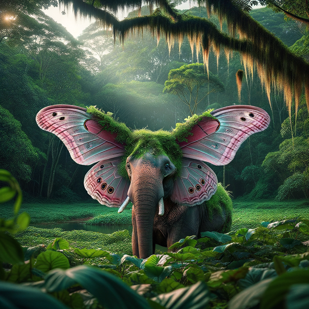 Create an elephant standing in a jungle that has ears that looks like the wings of a pink butterfly. Create an elephant standing in a jungle that has ears that looks like the wings of a pink butterfly.