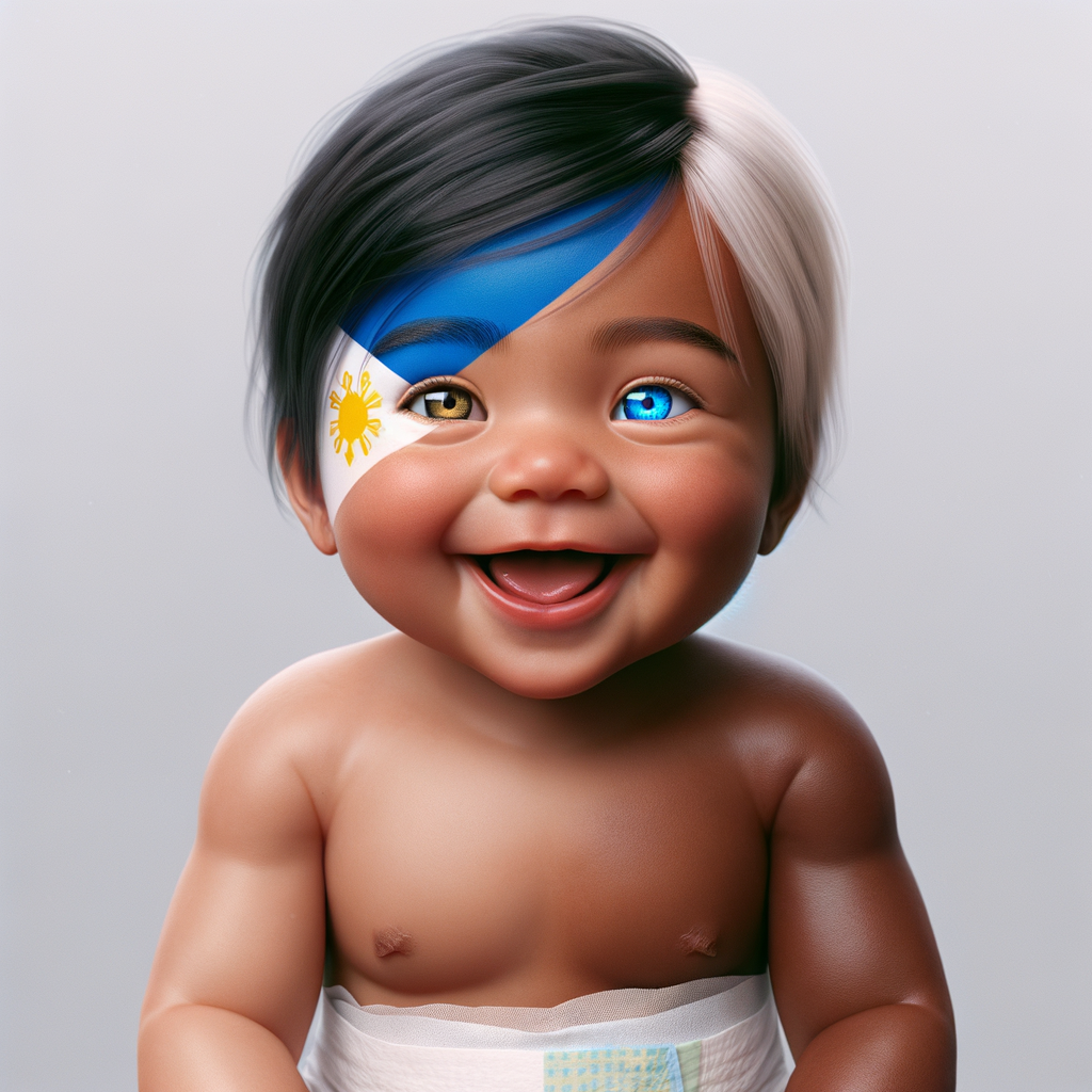 Create a photo realistic baby in diapers which is a mix of a filipino woman and a swedish man. It shall have one blue eye and one dark brown eye. It is looking happy. Create a photo realistic baby in diapers which is a mix of a filipino woman and a swedish man. It shall have one blue eye and one dark brown eye. It is looking happy.