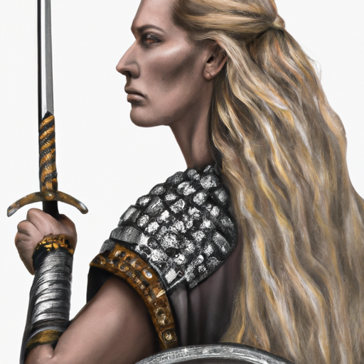Photo-realistic depiction of a fierce Viking warrior woman in intricate armor, wielding a sword and carrying a longbow on her back. She has long, flowing blonde hair and her face has some masculine lines. Her determined expression conveys her wrath and readiness to engage in battle. Photo-realistic depiction of a fierce Viking warrior woman in intricate armor, wielding a sword and carrying a longbow on her back. She has long, flowing blonde hair and her face has some masculine lines. Her determined expression conveys her wrath and readiness to engage in battle.